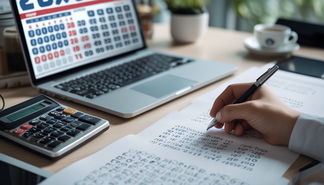 Meja kerja dengan kalkulator, laptop menampilkan grafik angka, dan kertas berisi rumus angka untuk prediksi togel 2D tahun 2026.