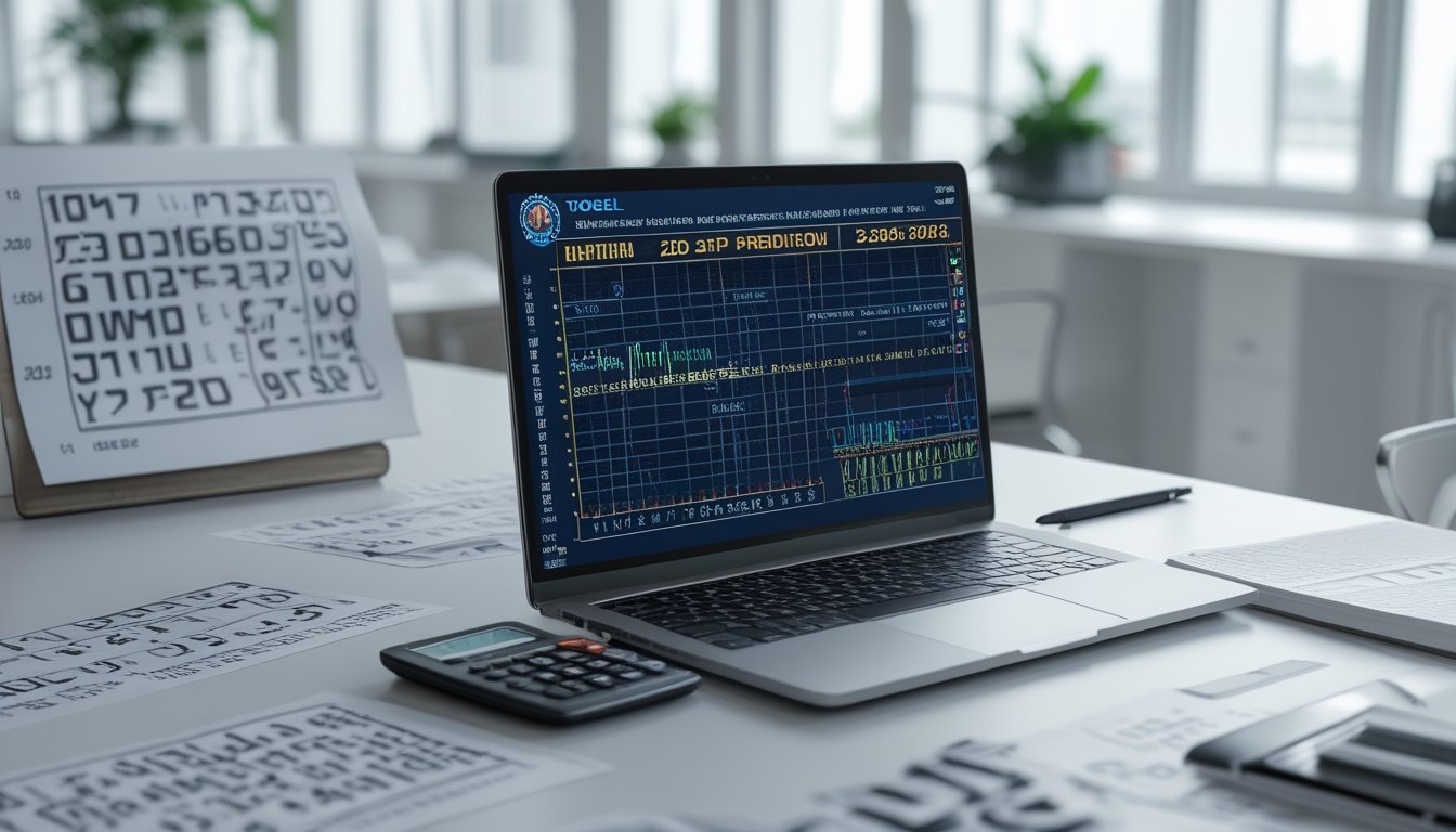 Meja kerja dengan laptop, kalkulator, dan kertas berisi angka dan rumus untuk perhitungan togel 2D, di ruang kantor terang.