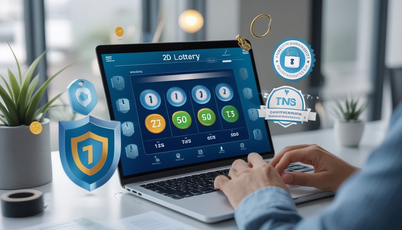 Seseorang menggunakan laptop di meja kerja dengan tampilan antarmuka permainan togel online dan simbol keamanan di latar belakang.