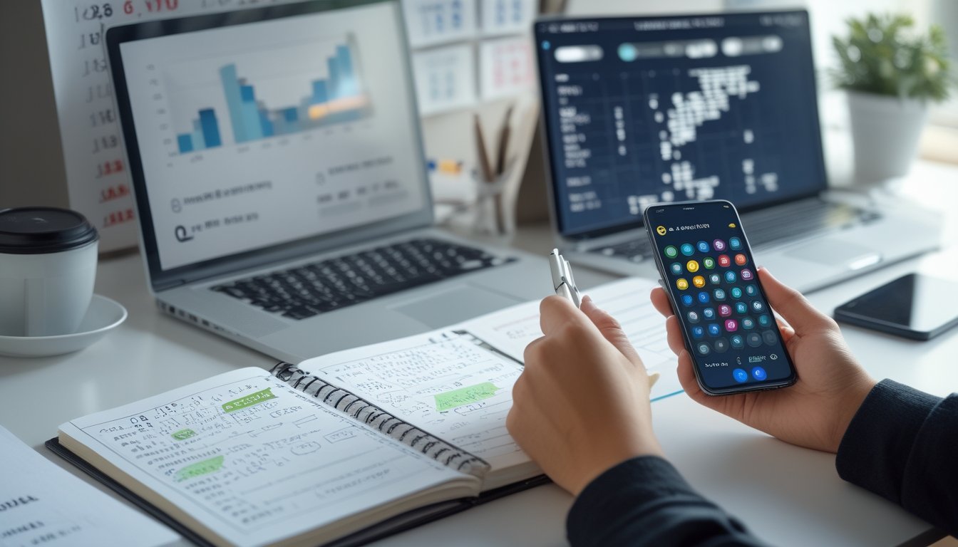 Meja kerja dengan laptop, buku catatan berisi angka, dan tangan yang memegang pena, menunjukkan suasana analisis prediksi angka togel.