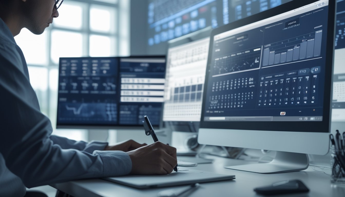 Seorang profesional sedang menganalisis data angka di depan komputer dengan grafik dan angka di layar, di sebuah meja kerja modern.