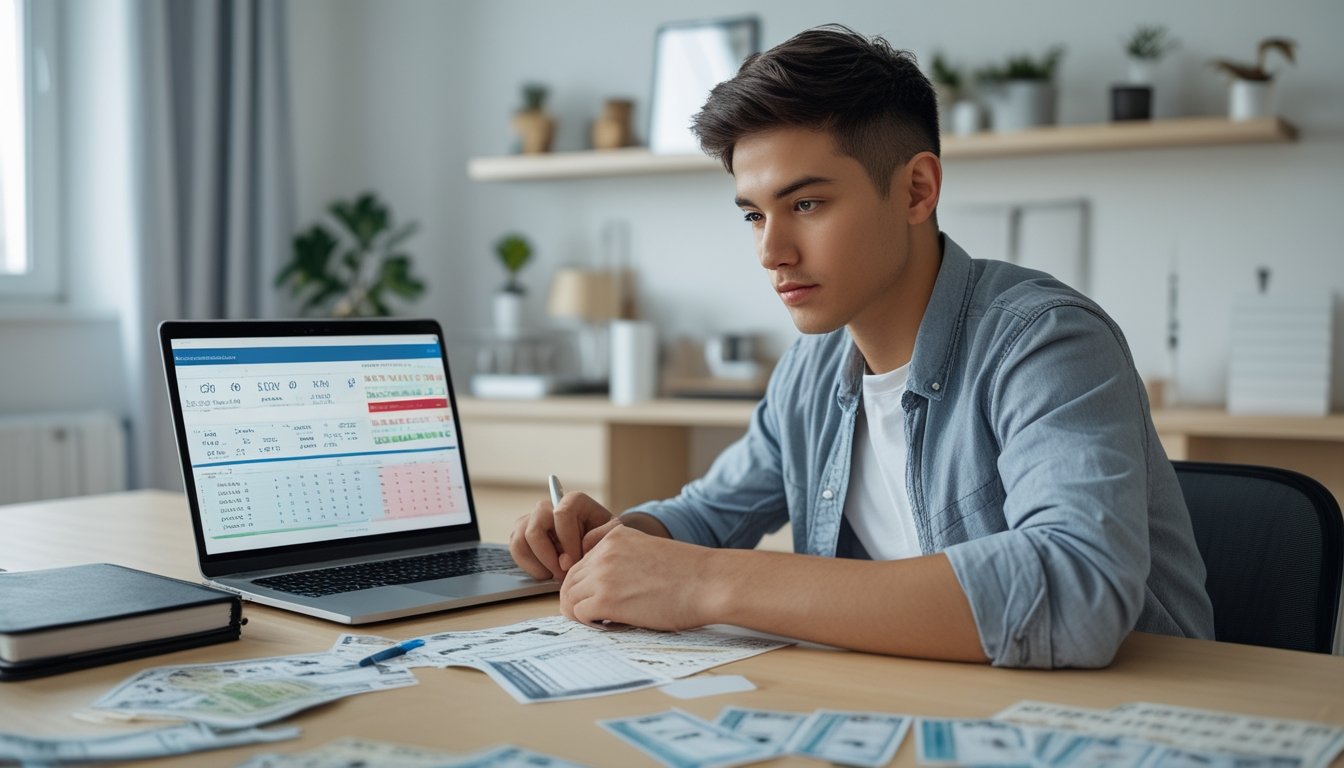Seorang pria muda duduk di meja kerja dengan laptop, catatan, dan tiket lotere, fokus mengelola modal taruhan togel 2D.