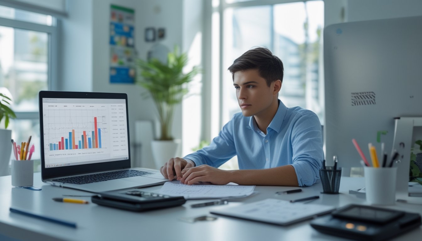 Seorang dewasa muda sedang duduk di meja modern, menganalisis grafik keuangan dan mengelola strategi modal taruhan togel 2D dengan alat seperti laptop, buku catatan, dan kalkulator di ruang kantor yang terang.