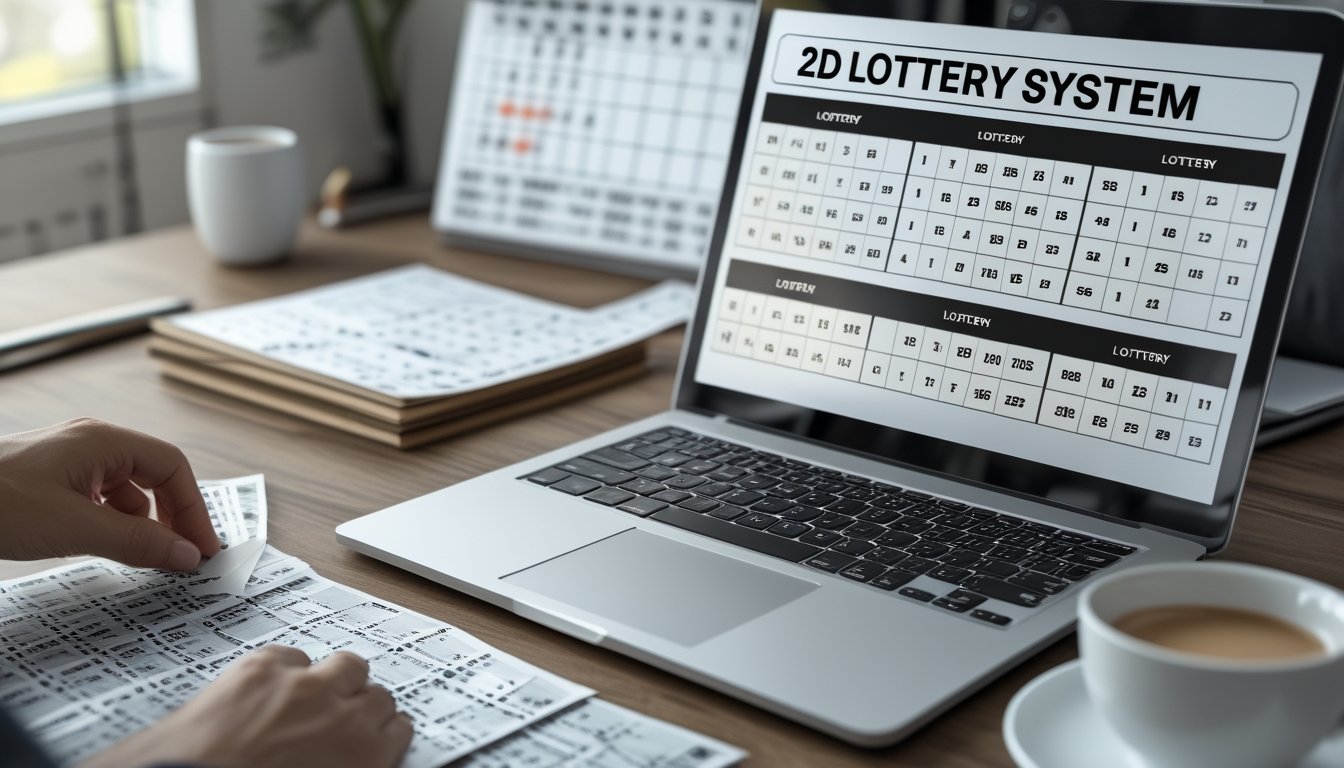 Seseorang sedang menganalisis tiket togel dan catatan angka di meja kerja dengan laptop yang menampilkan grafik angka.