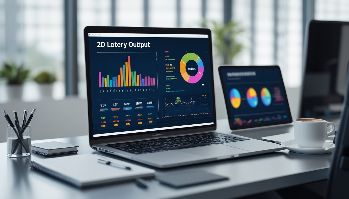 Meja kerja modern dengan laptop dan tablet yang menampilkan grafik dan data angka togel 2D, dikelilingi oleh alat tulis dan secangkir kopi di ruang kantor yang terang.