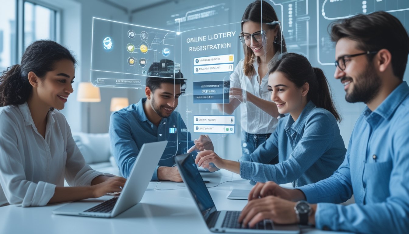 Beberapa orang muda sedang menggunakan perangkat digital untuk mendaftar akun judi togel online di ruang kantor yang terang dan modern.