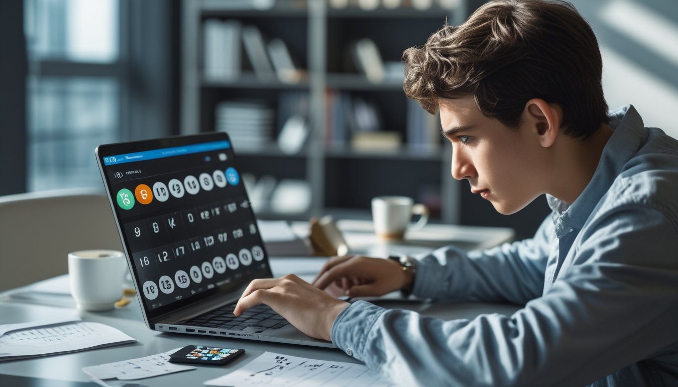 Seorang pria muda duduk di depan laptop dengan ekspresi fokus, bermain permainan togel online di sebuah ruangan modern.
