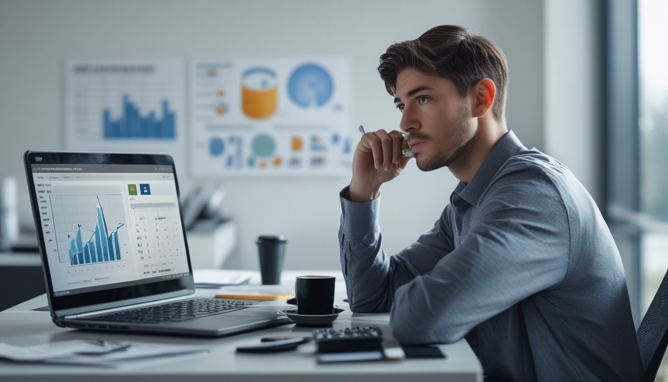 Seorang pria muda serius duduk di meja kerja dengan laptop dan kertas, mempelajari grafik dan angka terkait peluang dan probabilitas.
