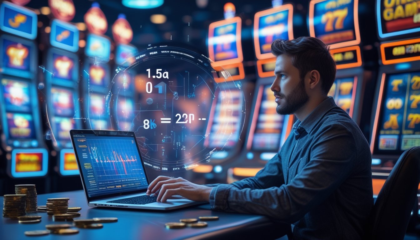 Seorang pengguna laptop sedang menganalisis data RTP pada permainan slot online dengan latar belakang mesin slot dan grafik digital.