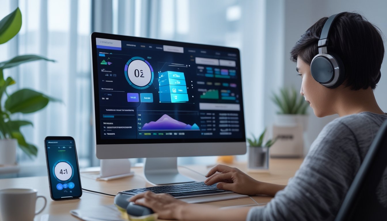 Seorang dewasa muda sedang melihat layar komputer dengan grafik dan angka yang menunjukkan persentase RTP dalam permainan slot online di ruang kerja rumah yang terang.