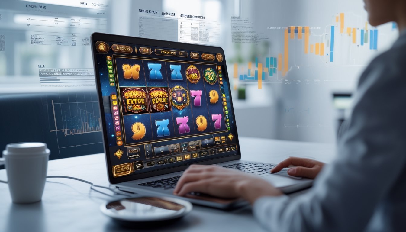 Seorang profesional menggunakan komputer dengan layar menampilkan permainan slot online berwarna-warni di ruang kerja yang rapi dan terang.