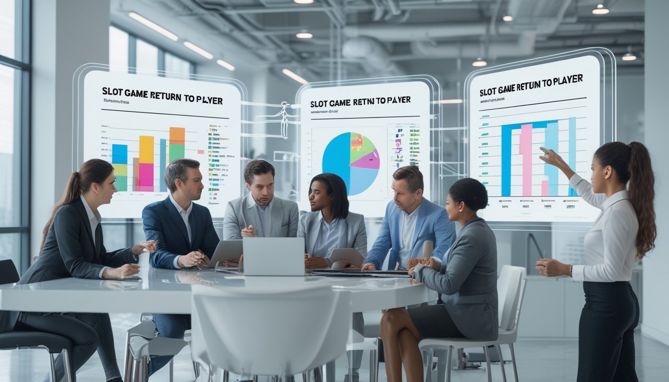 Sekelompok profesional sedang menganalisis data dan grafik tentang perbandingan RTP slot dari berbagai penyedia di sebuah kantor modern.