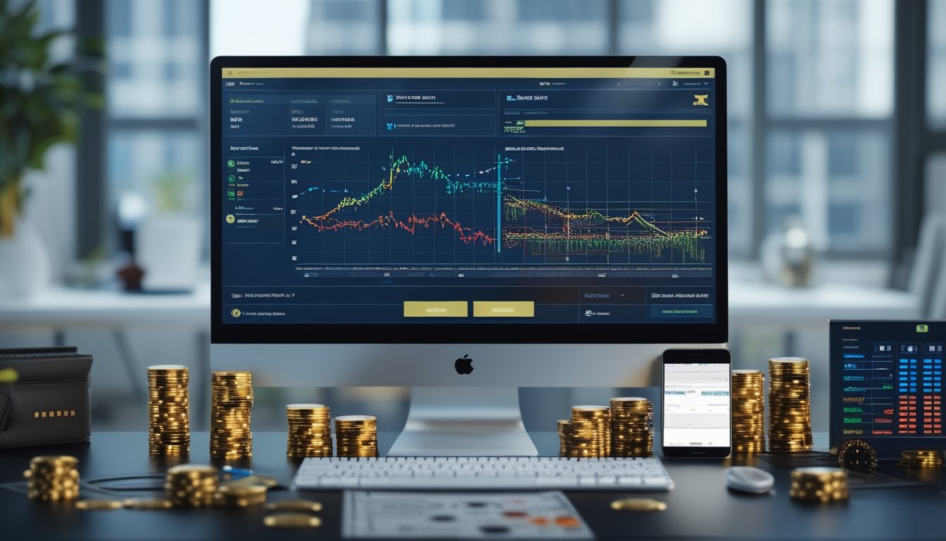 Sebuah meja kerja dengan komputer yang menampilkan grafik perbandingan RTP slot online Pragmatic Play dan provider lain tahun 2026, dikelilingi oleh chip poker, kartu remi, dan smartphone.
