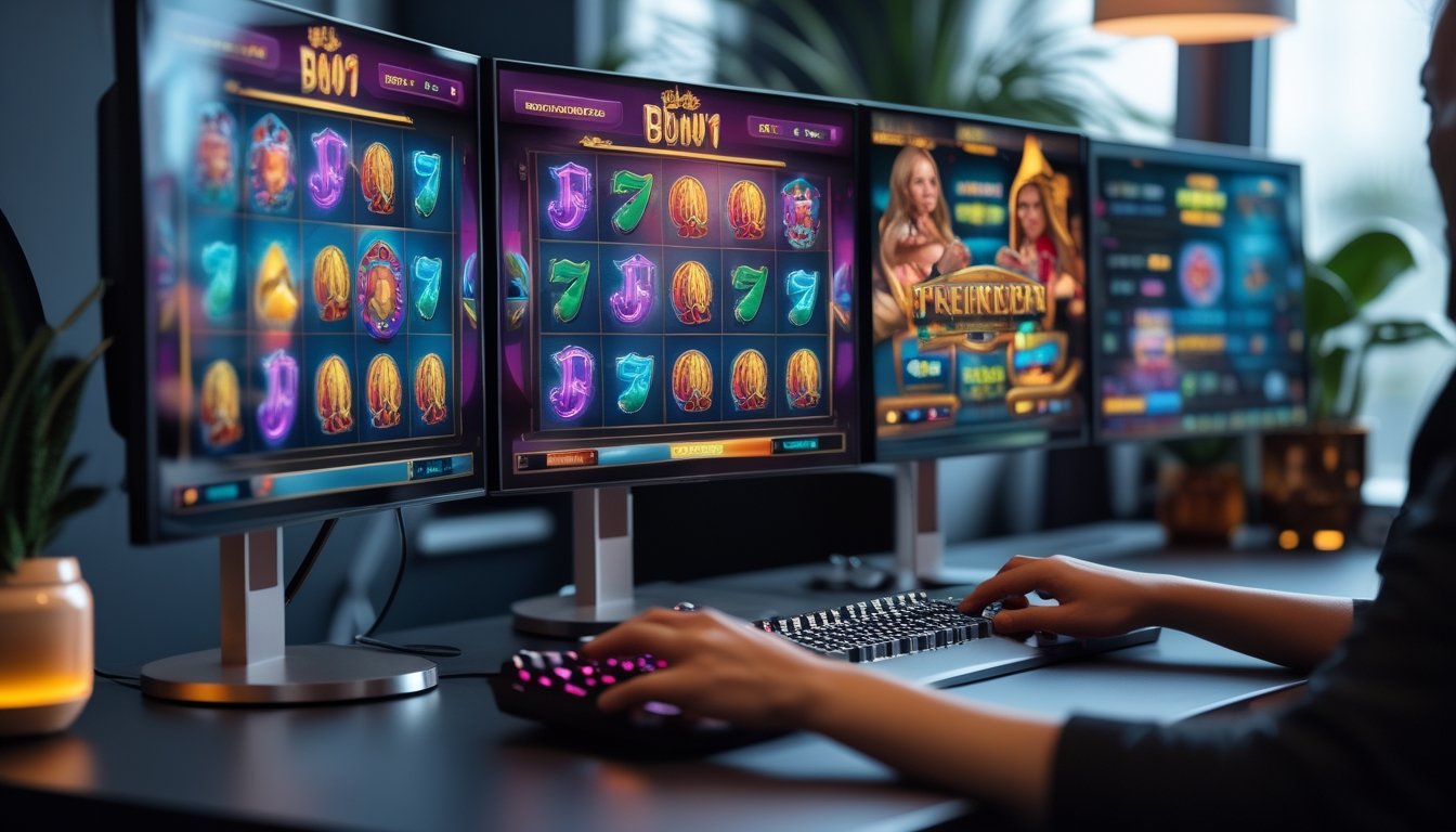 Meja komputer modern dengan beberapa monitor menampilkan permainan slot warna-warni dan tangan seseorang yang sedang bermain.