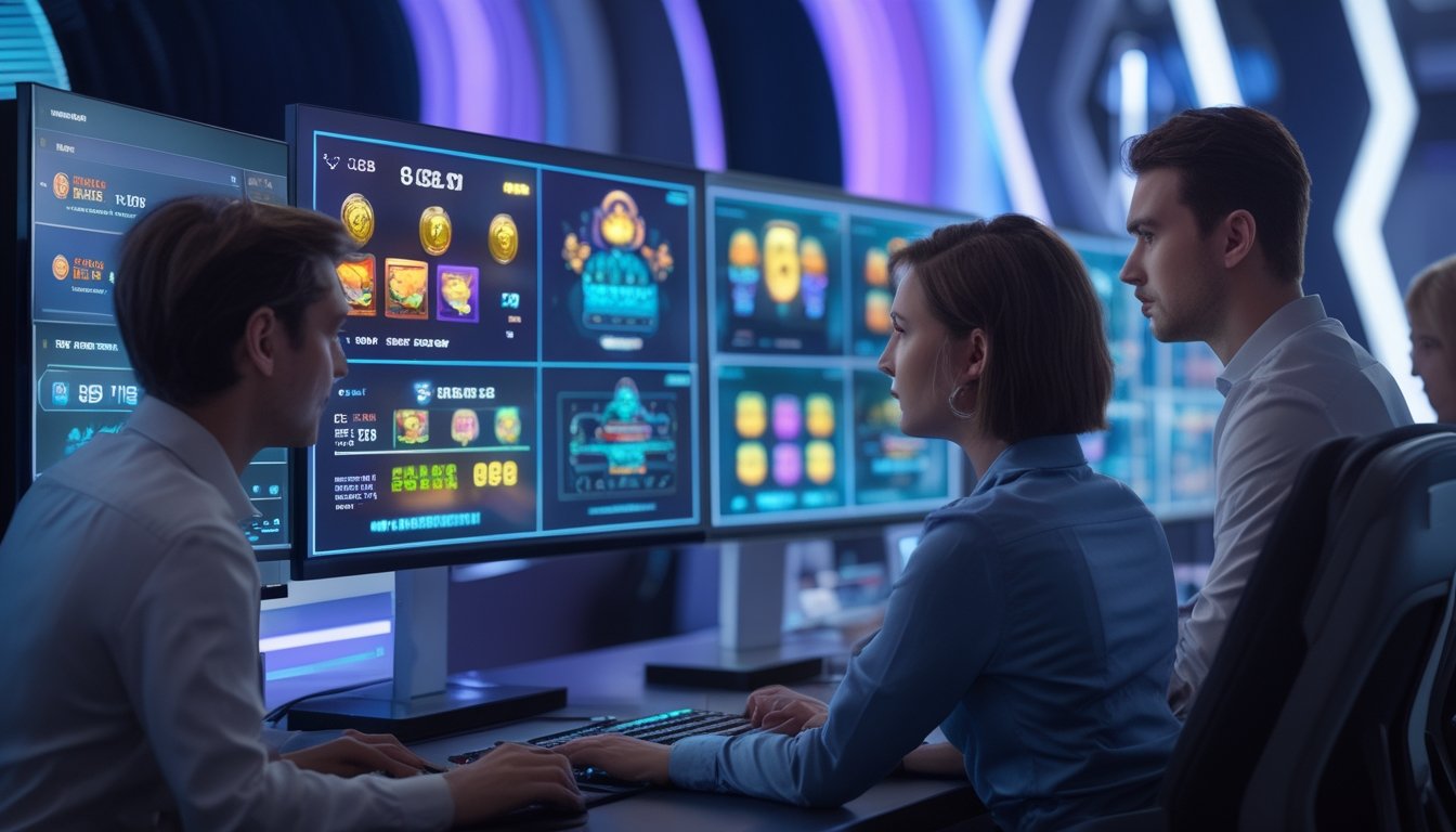 Orang-orang profesional sedang menganalisis data permainan slot secara langsung di ruang kerja dengan beberapa layar komputer.