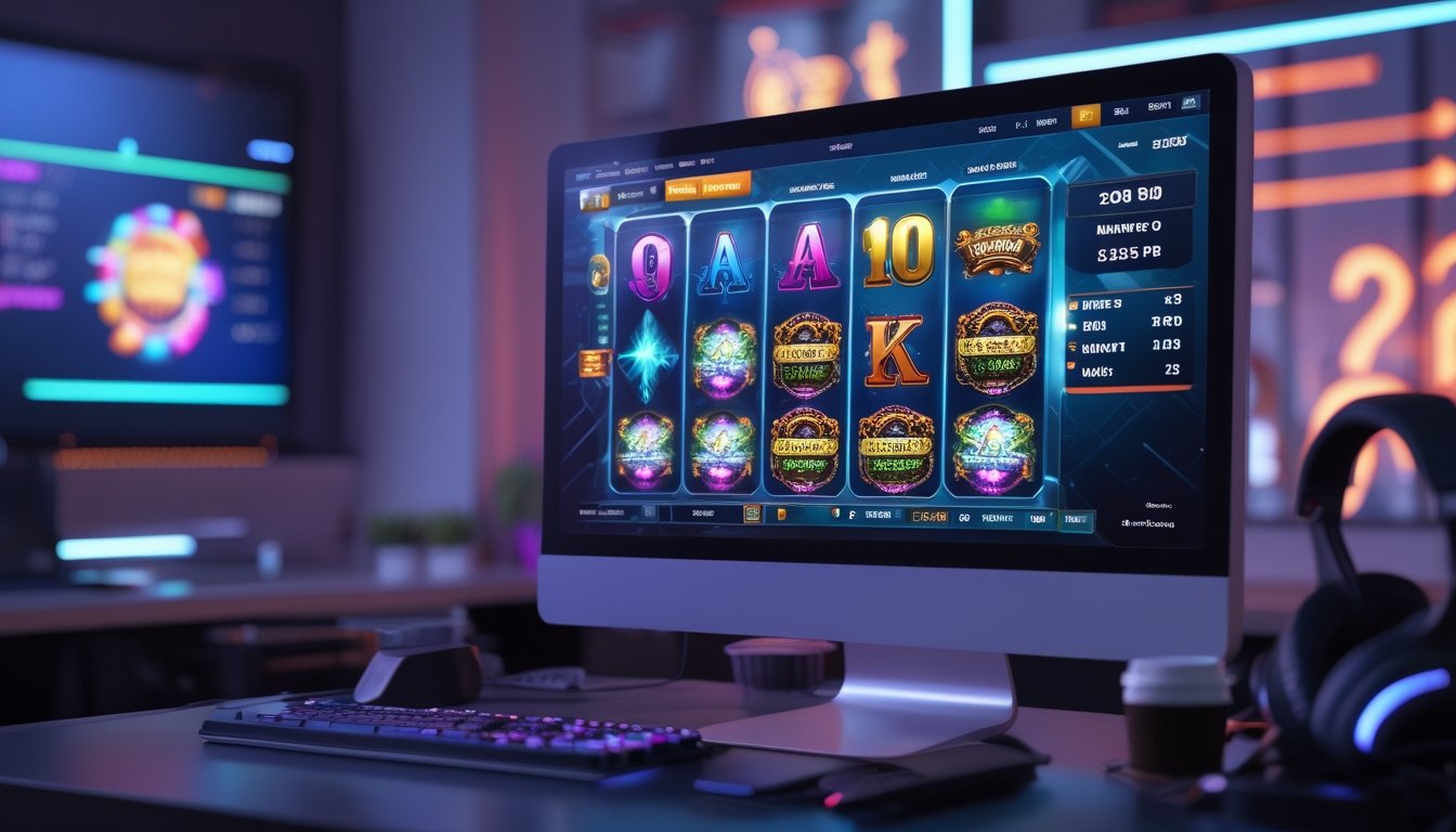 Sebuah meja kerja modern dengan komputer dan ponsel yang menampilkan permainan slot online yang sedang dimainkan.