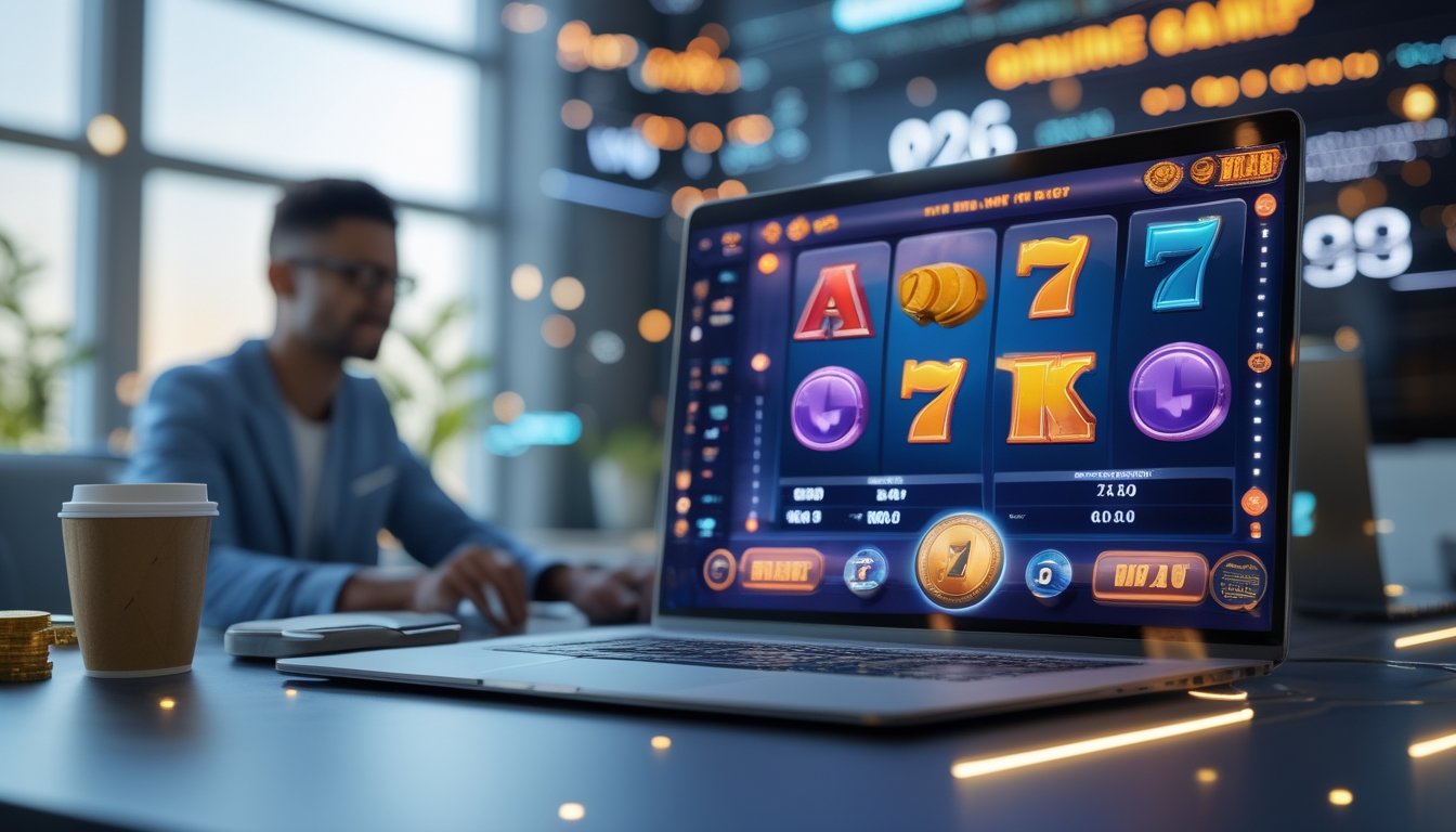 Seorang pemain yang fokus bermain game slot online di depan komputer dengan tampilan mesin slot berwarna-warni di layar.