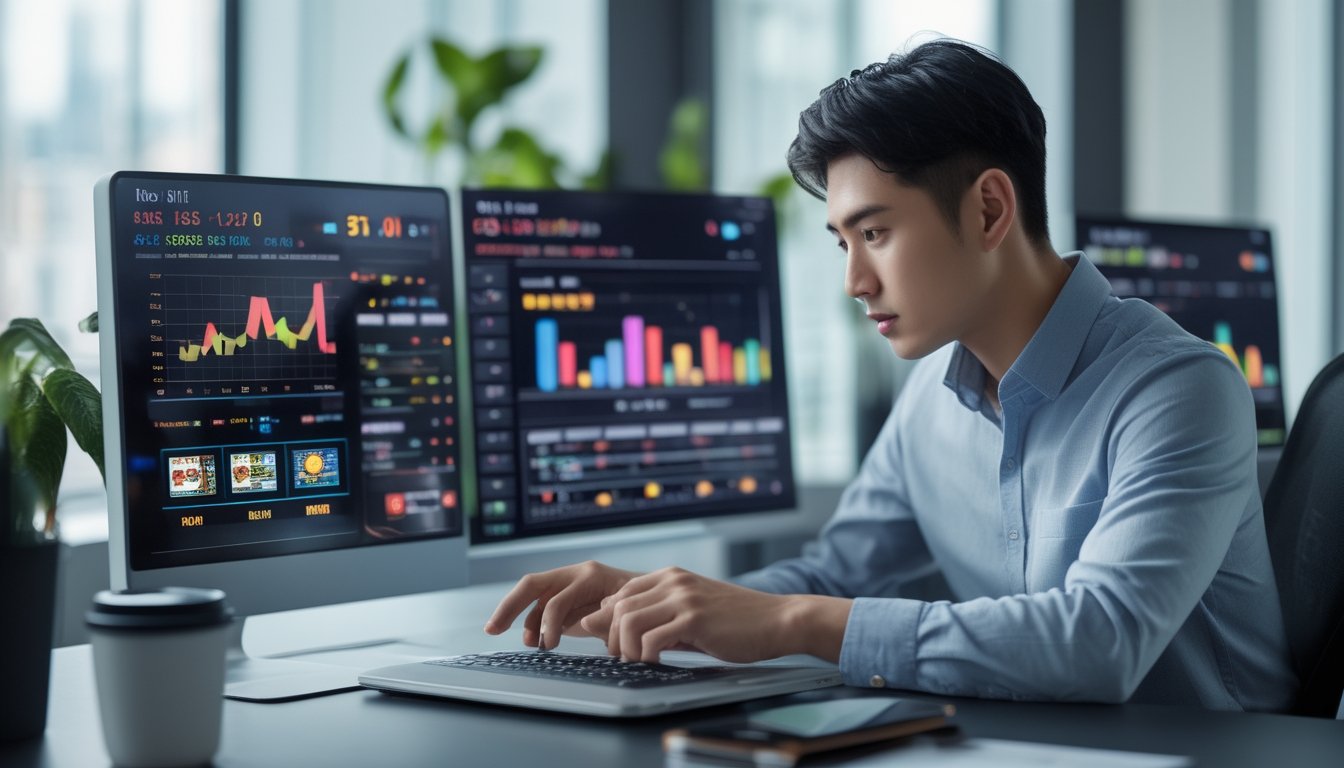 Seorang pria muda sedang menganalisis data permainan slot di beberapa layar komputer di kantor modern.
