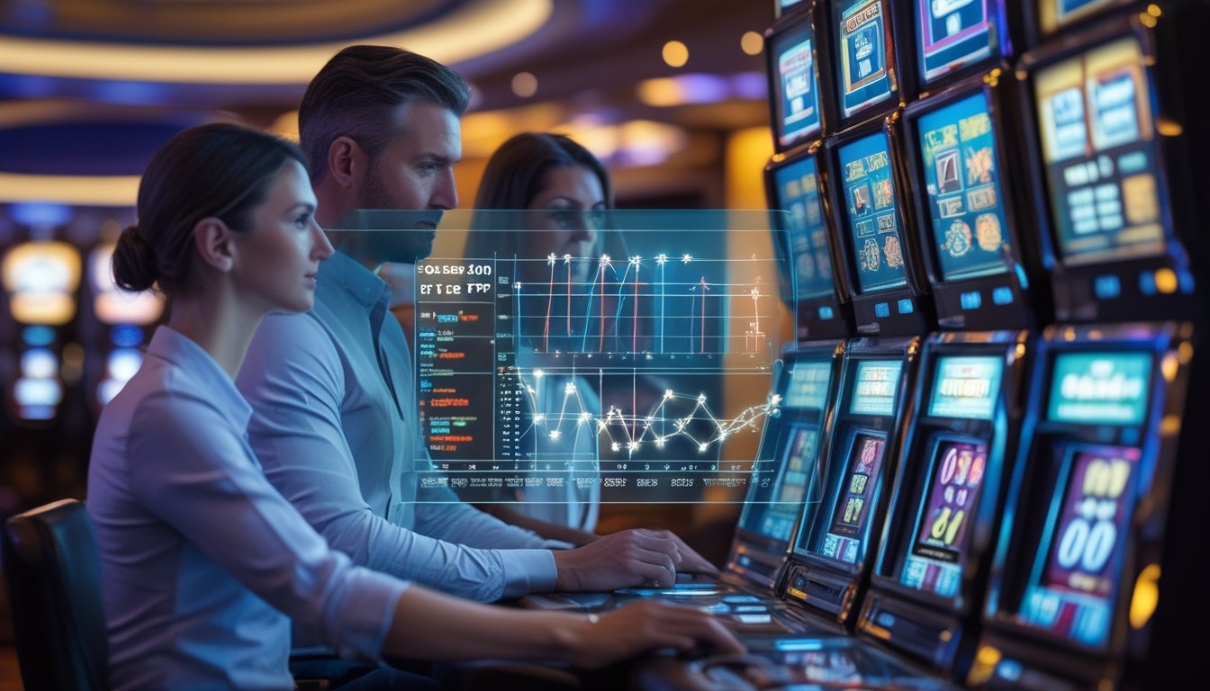 Dua orang dewasa sedang melihat layar digital dengan grafik di depan mesin slot di dalam kasino.