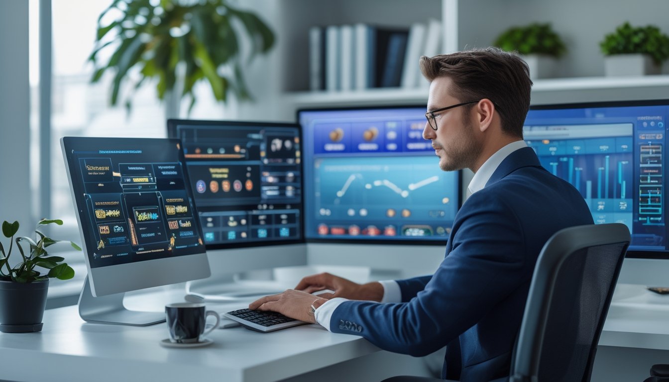 Seorang profesional duduk di meja kantor dengan beberapa monitor yang menampilkan grafik dan antarmuka permainan slot, fokus bekerja di lingkungan kantor yang rapi.
