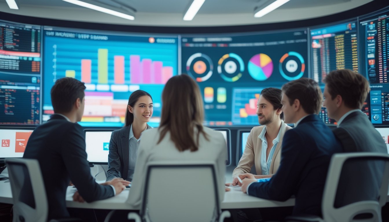 Sekelompok profesional sedang berdiskusi di kantor modern dengan layar digital menampilkan grafik dan data slot RTP tahun 2026.
