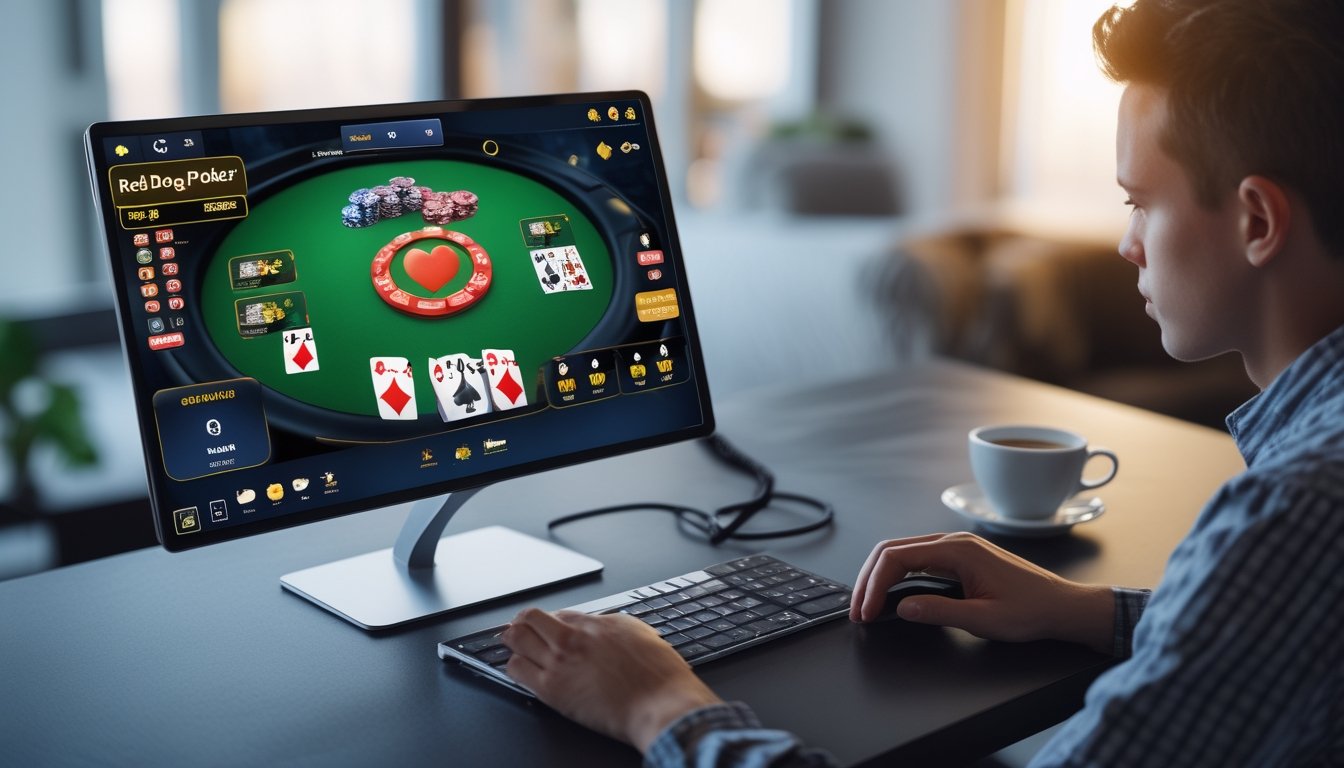 Seseorang sedang bermain permainan Red Dog Poker online di depan komputer dengan kartu dan chip terlihat di layar.