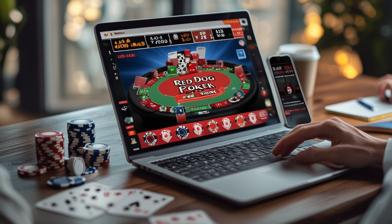 Seseorang sedang bermain Red Dog Poker online di laptop dengan chip dan kartu poker di meja.