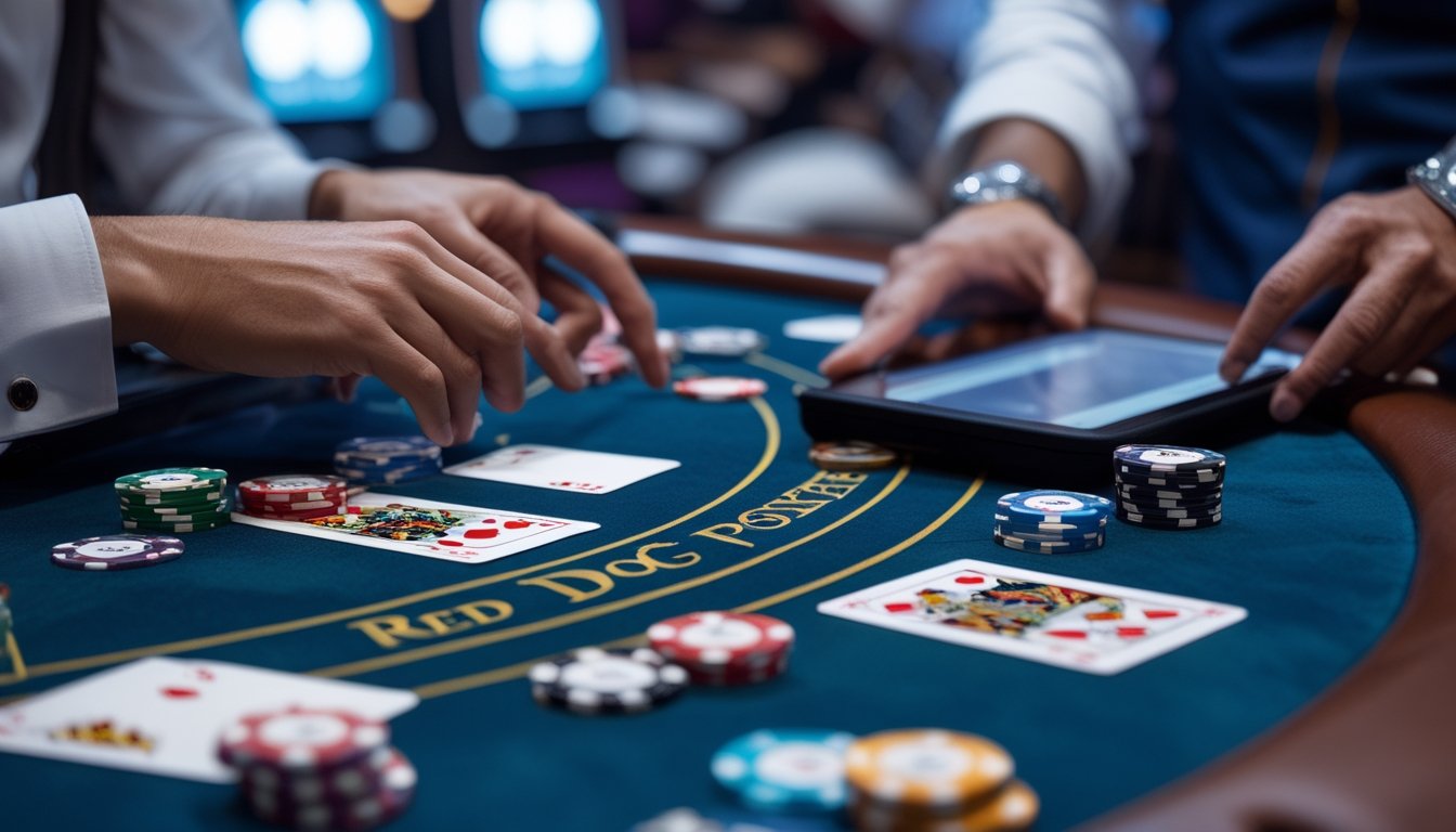 Meja poker dengan kartu dan chip, seseorang sedang menghitung spread dan payout menggunakan tablet di kasino.
