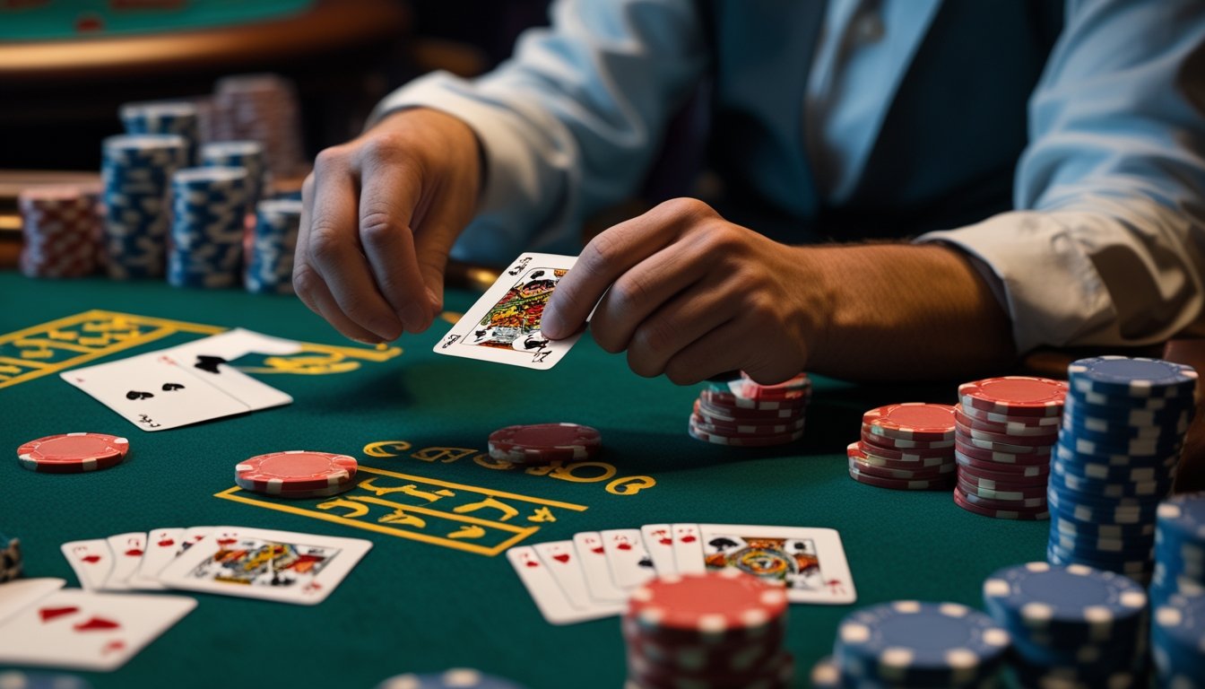 Tangan dealer sedang membagikan kartu di meja permainan Red Dog Poker dengan tumpukan chip poker di dekatnya.