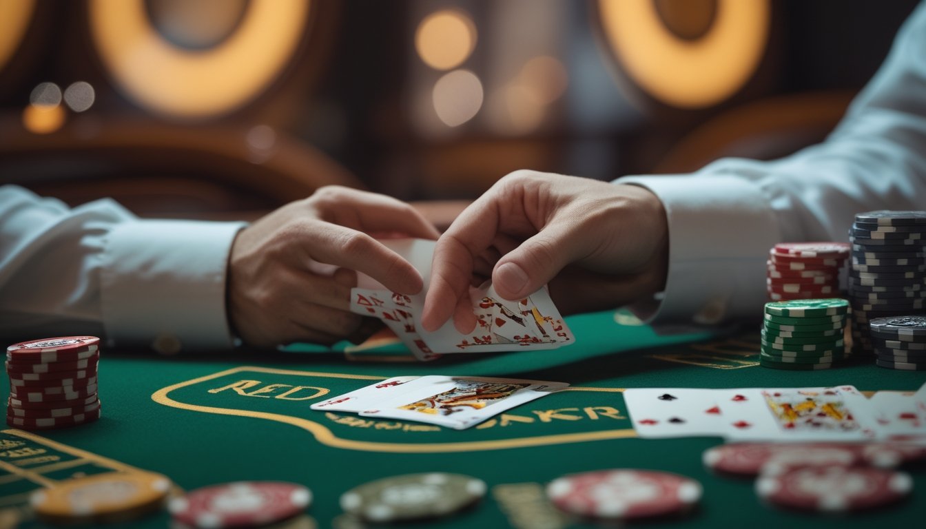Tangan dealer membagikan kartu di atas meja poker hijau dengan tumpukan chip, menunjukkan permainan Red Dog Poker.