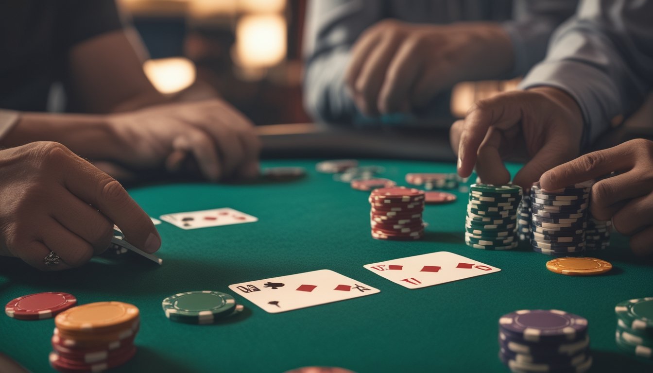 Pemandangan dekat permainan Red Dog Poker di meja kasino dengan kartu dan chip poker serta tangan pemain yang sedang bermain.