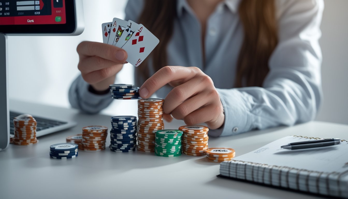 Seseorang sedang mengatur uang dan taruhan saat bermain Red Dog Poker online di depan komputer dengan tumpukan chip poker dan kartu di meja.