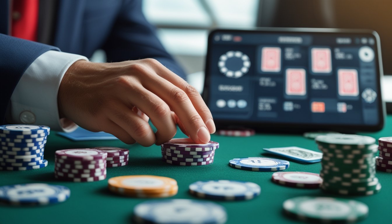 Tangan seseorang mengatur chip poker dan uang di meja permainan dengan kartu dan perangkat digital di latar belakang.