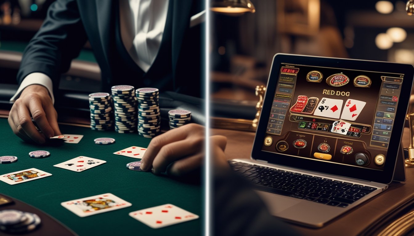 Pemandangan meja poker dengan kartu dan chip di satu sisi dan layar digital permainan Red Dog Poker di sisi lain, menunjukkan perbedaan antara versi klasik dan modern.