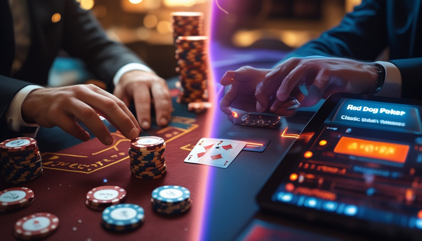 Gambaran perbandingan permainan Red Dog Poker klasik dengan versi modern di kasino daring, menampilkan meja poker tradisional dan layar perangkat digital.