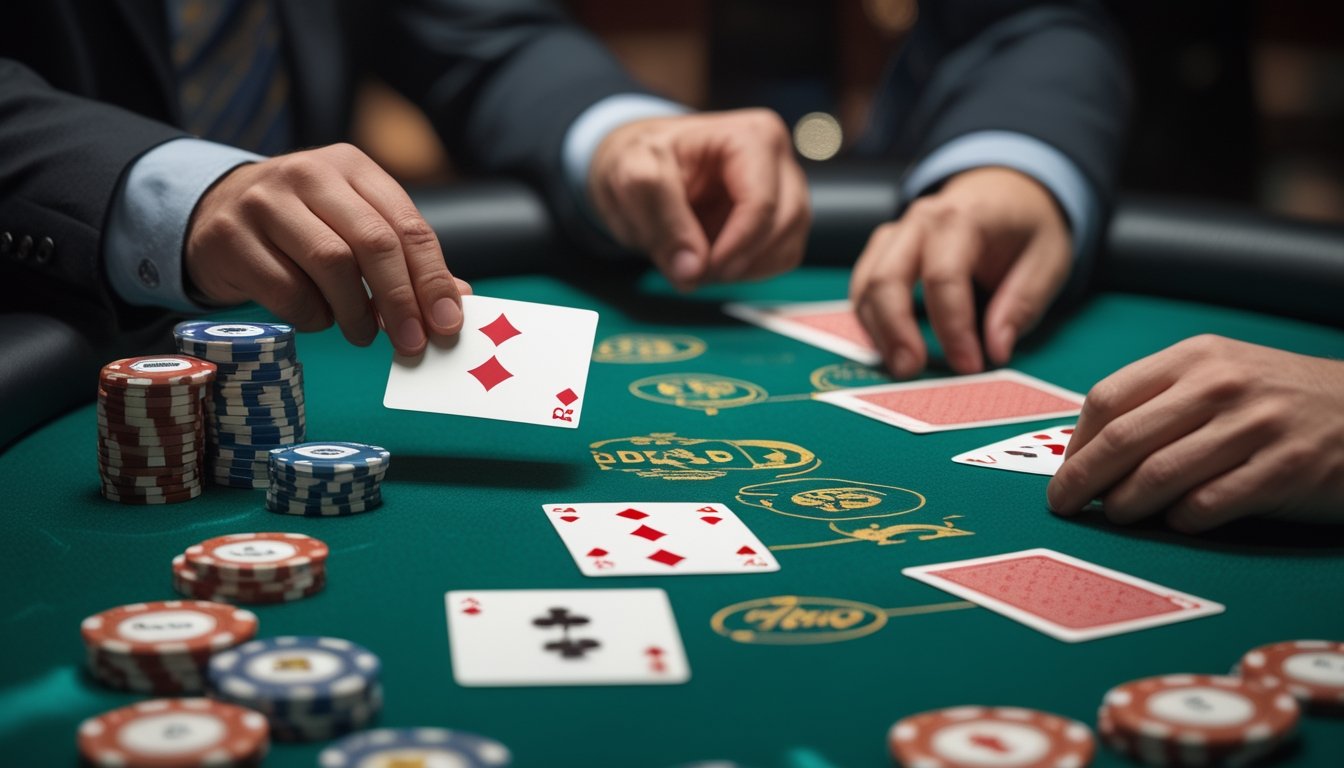 Meja poker dengan kartu yang menunjukkan pasangan dan kartu berurutan, tumpukan chip, dan tangan dealer yang sedang membagikan kartu.