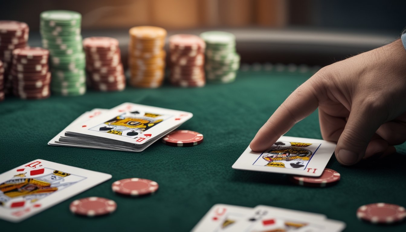 Tampilan dekat meja poker dengan kartu pair dan kartu berurutan serta tumpukan chip poker dan tangan dealer yang akan membagikan kartu berikutnya.