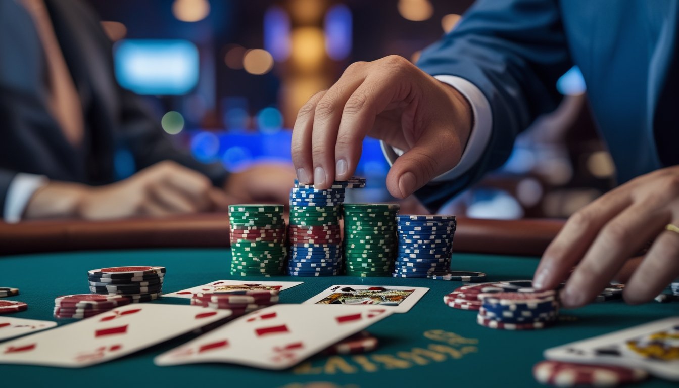 Meja kasino dengan kartu poker dan tumpukan chip, dealer sedang meletakkan chip di meja, suasana permainan Red Dog Poker.