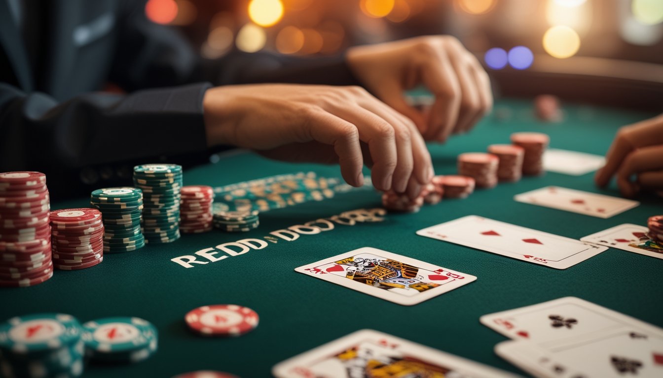 Tangan pemain sedang meletakkan taruhan pada meja poker dengan kartu dan chip poker yang tersusun rapi.
