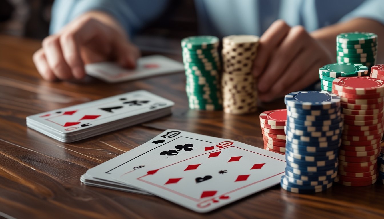 Meja kayu dengan kartu remi dan tumpukan chip poker, tangan pemain sedang meletakkan taruhan.