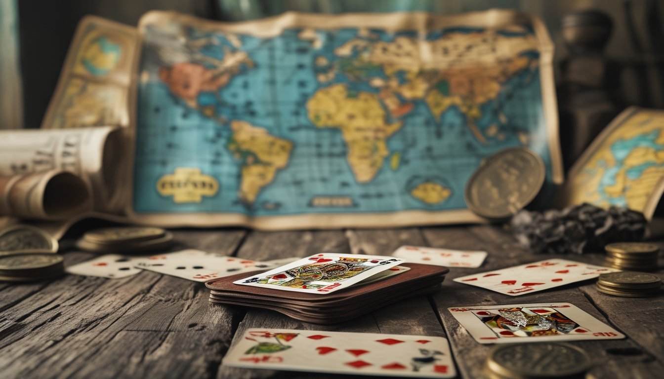 Meja kayu antik dengan setumpuk kartu remi vintage dan artefak sejarah yang menggambarkan asal-usul permainan kartu Red Dog Poker.