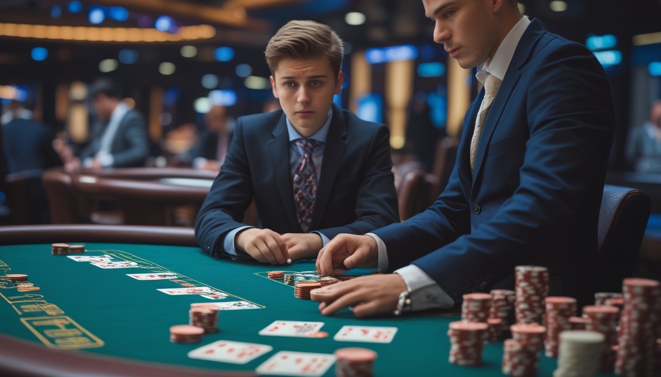Seorang pemain pemula duduk di meja poker dengan ekspresi bingung, sedang bermain Red Dog Poker bersama seorang dealer di kasino.