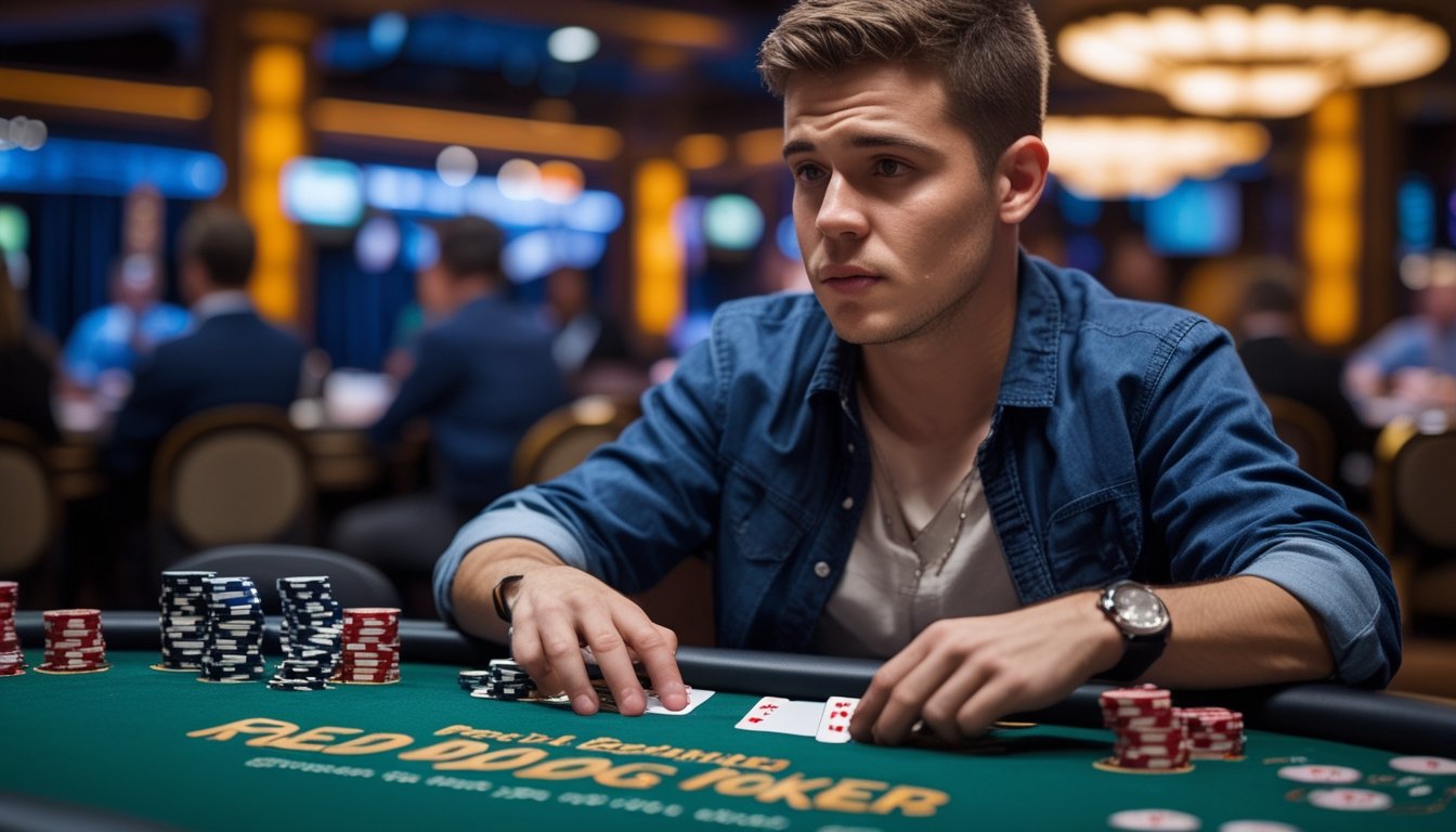 Seorang pemula bermain Red Dog Poker di meja kasino dengan ekspresi fokus dan kartu serta chip di tangan.