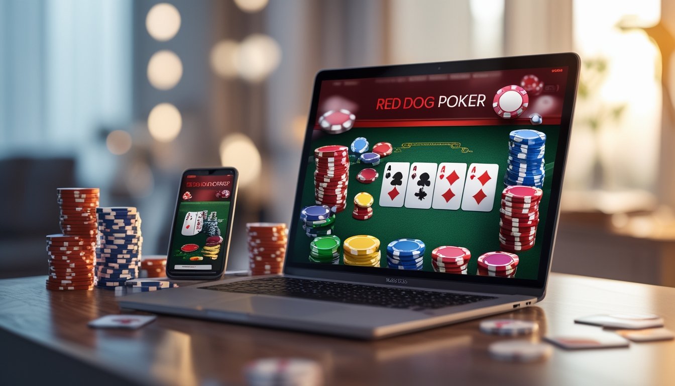 Seorang pemain sedang bermain poker online dengan laptop yang menampilkan permainan kartu Red Dog Poker, dikelilingi oleh chip poker dan kartu remi di atas meja kayu.