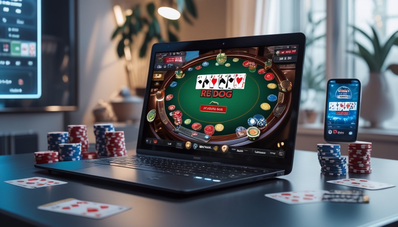 Seorang pemain poker online menggunakan laptop dan smartphone dengan permainan kartu dan chip poker di meja.