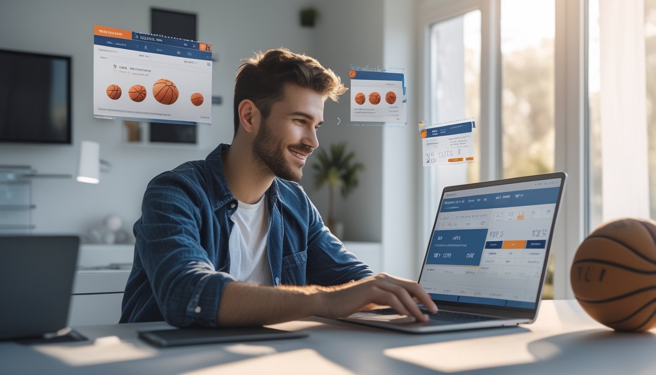Seorang pria muda duduk di meja dengan laptop, fokus pada layar yang menampilkan situs taruhan bola basket, dengan bola basket di meja di sampingnya.