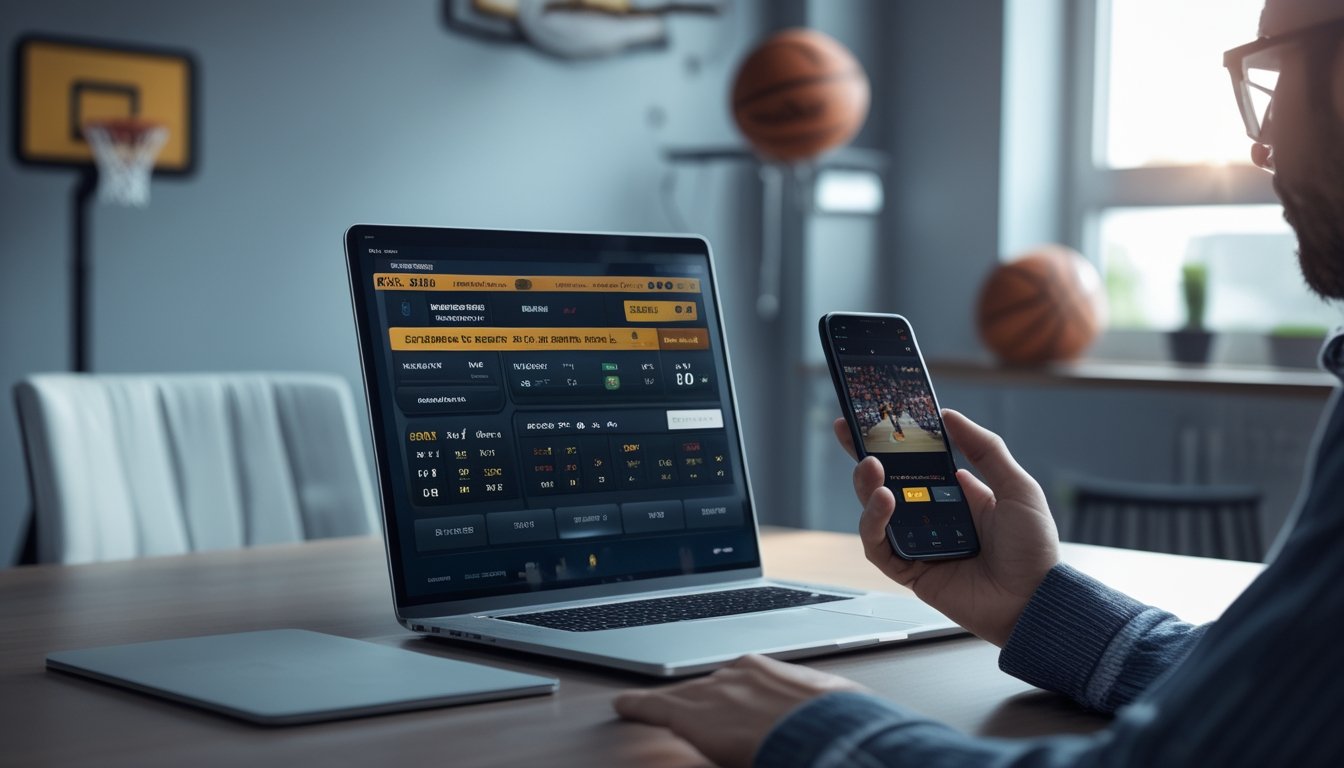 Seseorang duduk di depan laptop dengan tampilan situs taruhan bola basket online, memegang ponsel yang menampilkan siaran langsung pertandingan bola basket.