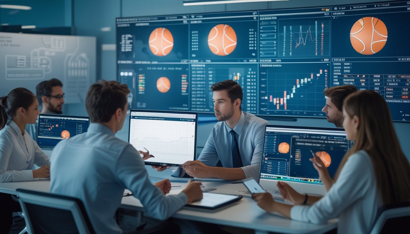 Sekelompok profesional muda sedang menganalisis data taruhan basket di kantor modern dengan layar besar dan perangkat digital.