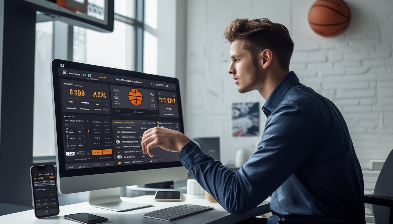 Seorang pria muda sedang menggunakan komputer dengan tampilan platform taruhan bola basket online di meja kerja yang rapi.