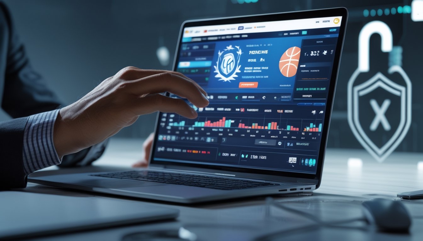 Seseorang sedang menggunakan laptop dengan tampilan pertandingan bola basket dan grafik taruhan di meja kerja modern.